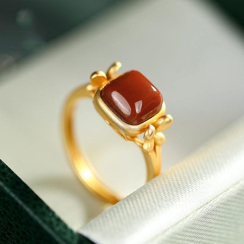 

Vintage Chinese Style Red Ruyi Square Ring with Natural Imitation Hetian Jade Inlay Adjustable Open Size