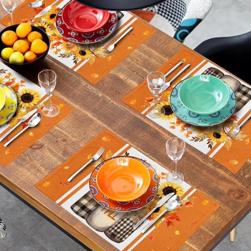 1PC Sunflower Placemats Linen Buffalo Check Plaid Autumn Leave Table Place Mat for Farmhouse Thanksgiving Kitchen Dining Decor