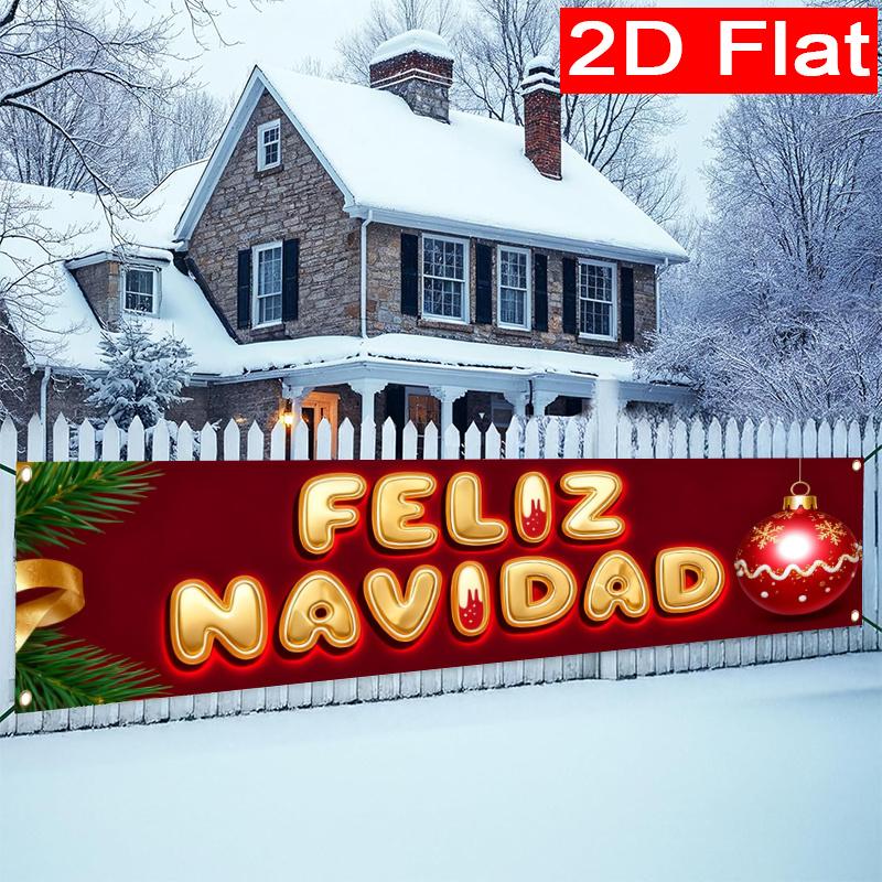 Spanish Christmas Banner, Red & Golden Spanish Lettering Design, Durable Polyester Outdoor Porch Fence Garden Party No Electricity Decoration