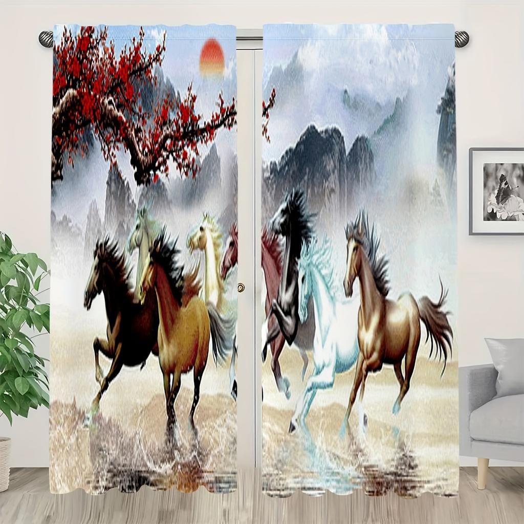 2pcs Semi-Blackout Curtain Japanese Landscape & Torii Gate Design Polyester Woven Contemporary Style Machine Washable Rod Pocket