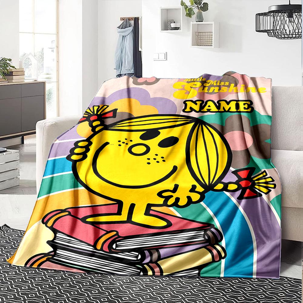 Custom Name Mr. Men and Little Miss Theme Printed Blanket - Perfect for Couch, Bed, Travel & Outdoor Use | Machine Washable, Cozy & Durable.