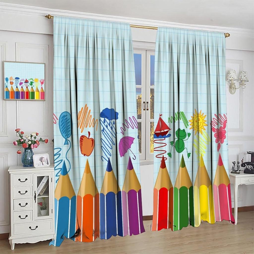 Kids Cartoon Pencil Curtains Colorful Crayons Art Printed School Curtain Nursery Bedroom Living Room Home Polyester With Rod Pocket Washable Sitting