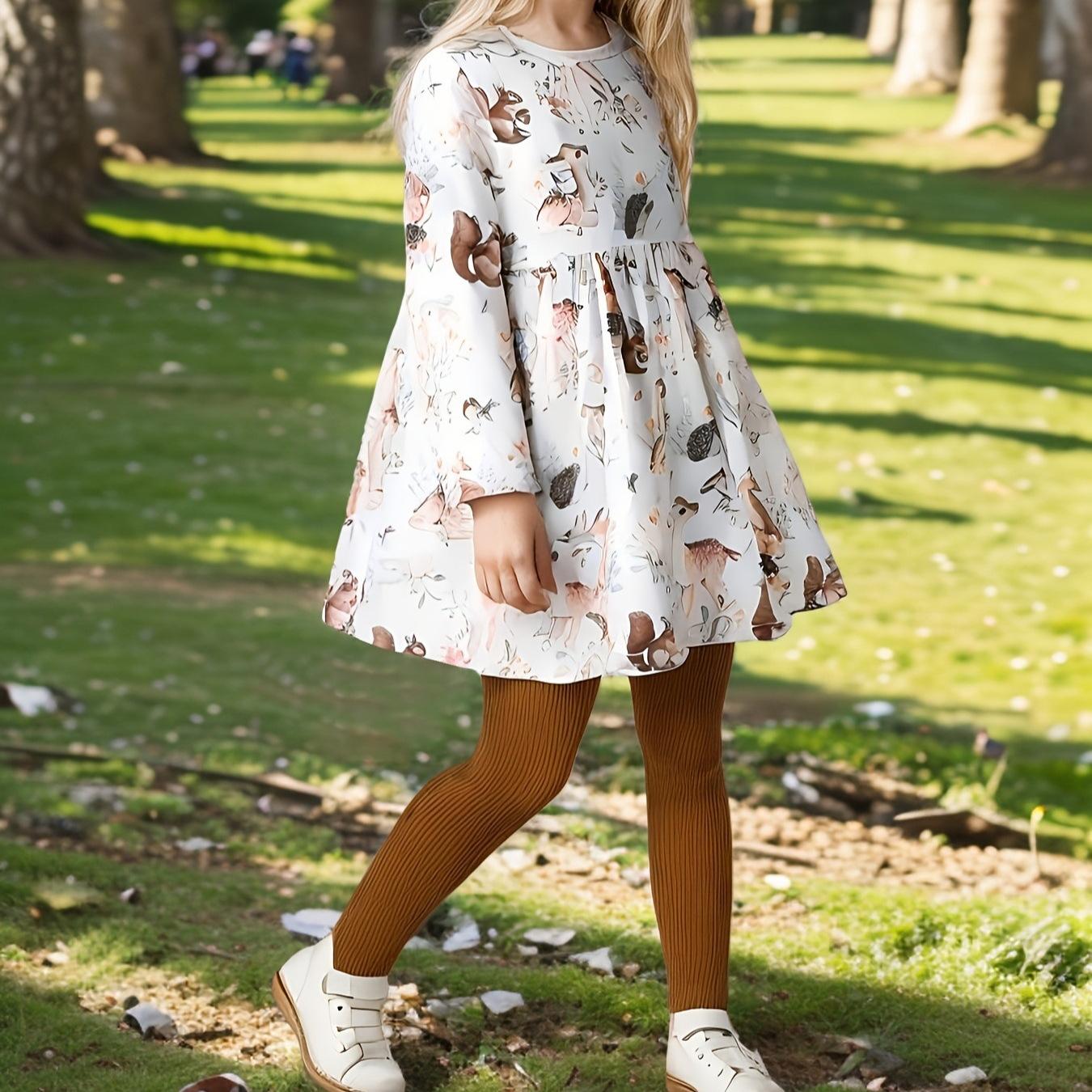 2026 Cross-border Ins Autumn New Style Girls  Elk Christmas Tree Cartoon Print Long-sleeved Round Neck Dress Suit 90cm