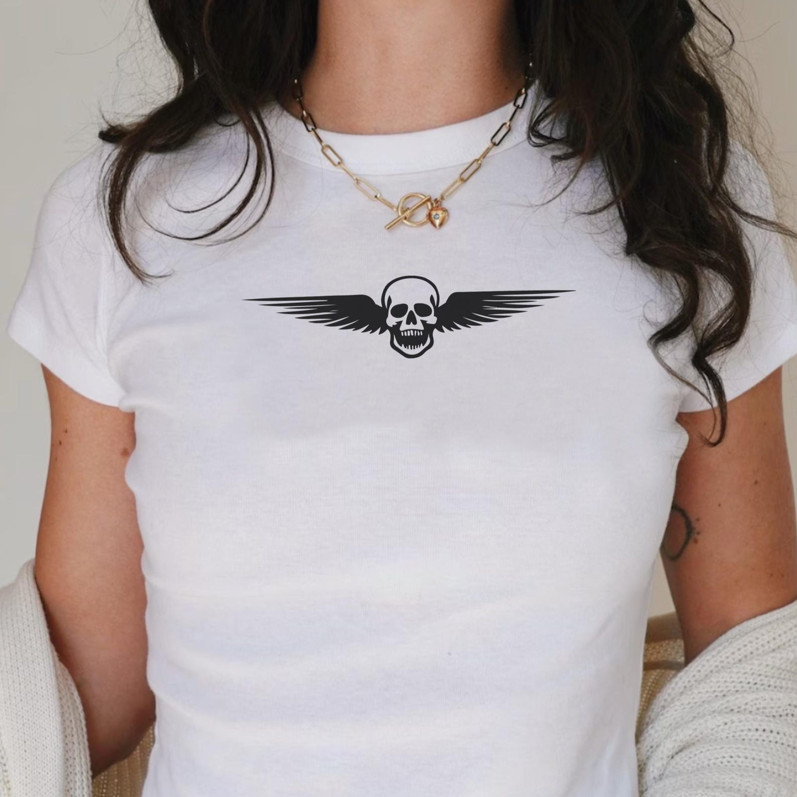 Y2K Motorcycle Baby Tee: Skull Graphic Crop Top S