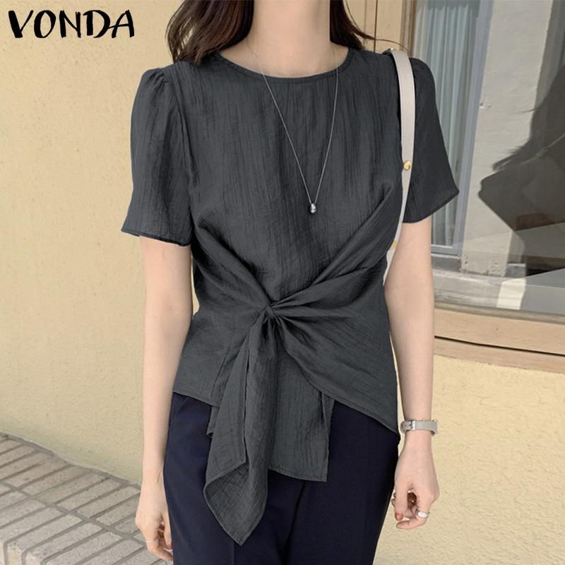 VONDA Women Casual Short Sleeve Solid Semi-Sheer Side Twisted Loose Blouse
