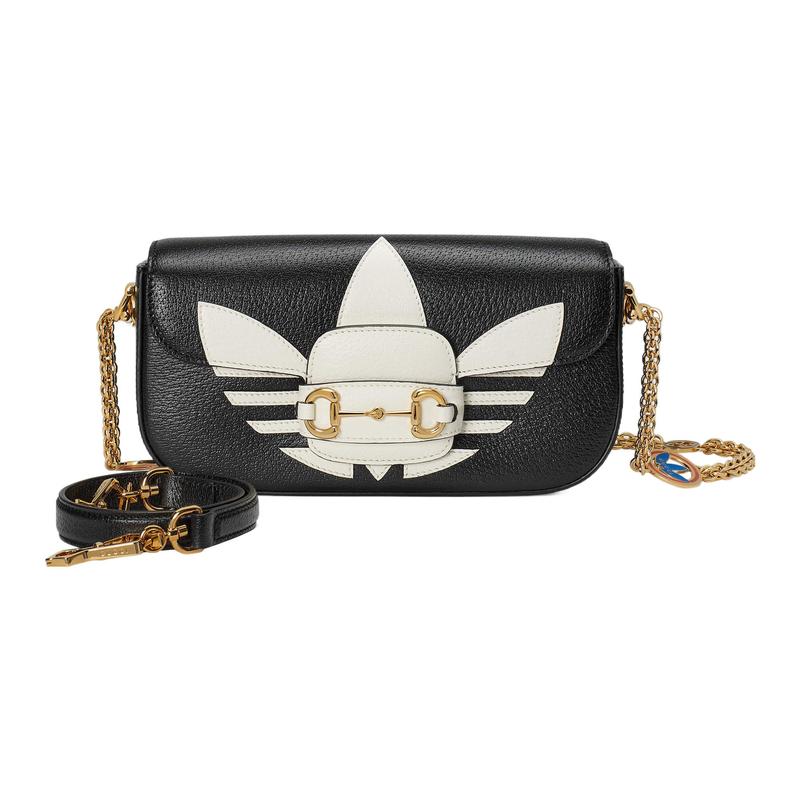 Gucci X adidas originals modelo conjunto clássico padrão trevo impresso couro horsebit bolsa transversal de ombro feminina preto e branco