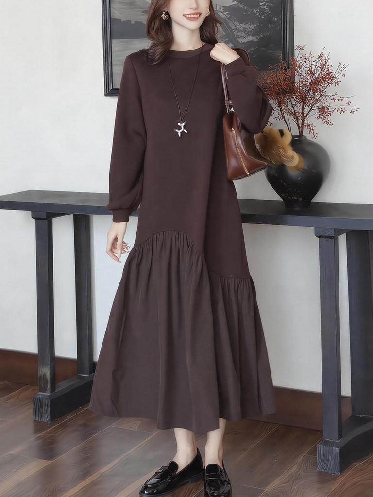Autumn/Winter Solid Color Women's Slimming Long Sleeve Patchwork Dress, Long Skirt, Elegant and Relaxed Style