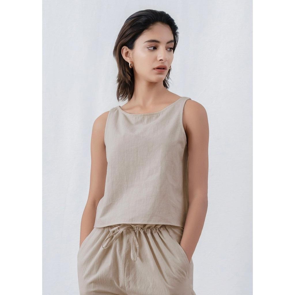 Linen Cross Back Top Women Relaxed Fit Boat Neck Casual Summer Blouse