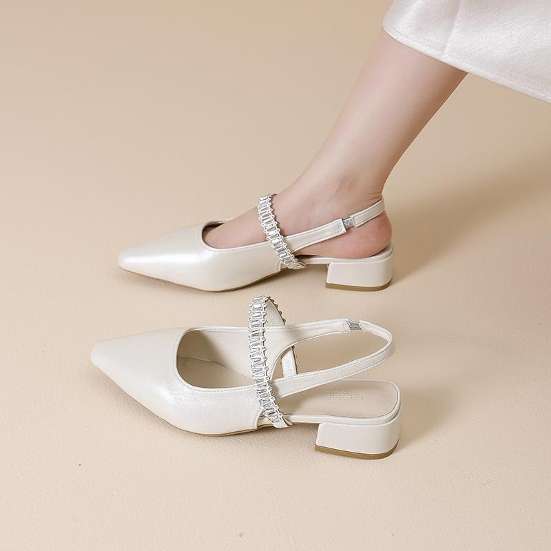 Fashion One-word Rhinestone Sandals for Women 2025 Summer New Baotou Half-drag Block Heel Shoes Pointed Toe Single Shoes for Women