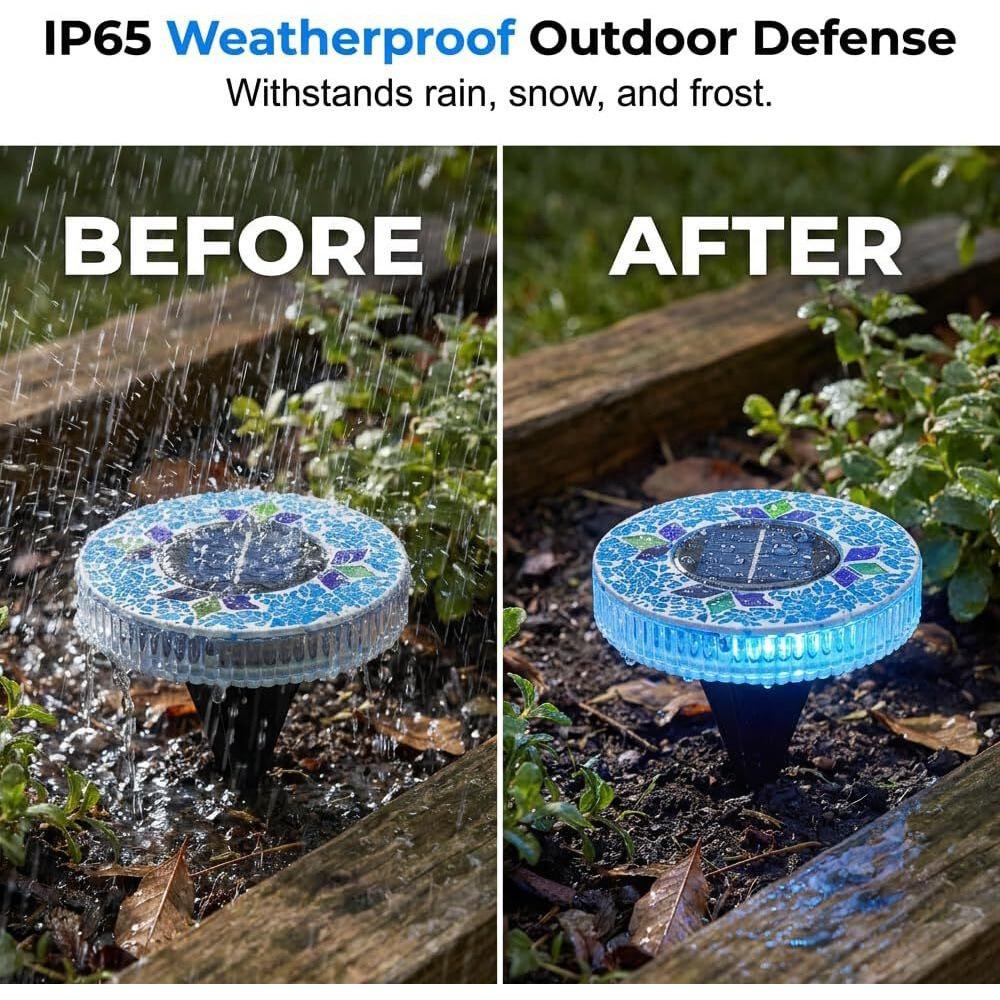 New Solar Outdoor Mosaic Round Disk Light Upgraded Waterproof Colored Glass LED Stake Light Garden Yard Decoration Auto-Sensing Color Change