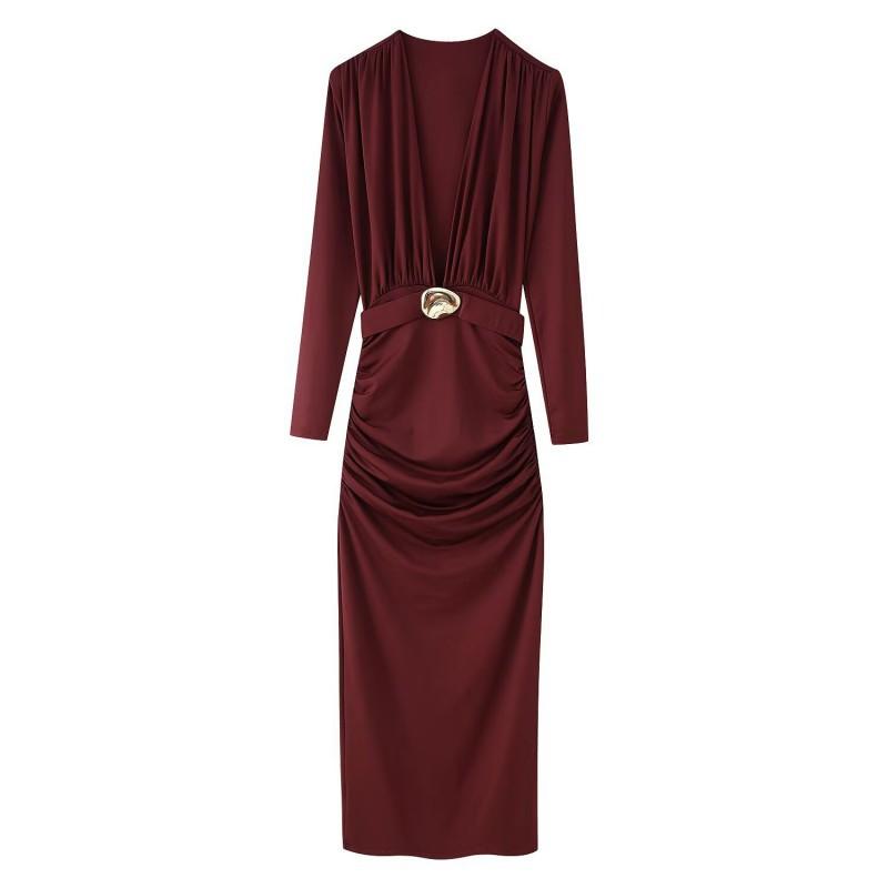 

European American Women s Figure-flattering Deep V-neck Waist Long Sleeve Dress L вина червоного кольору