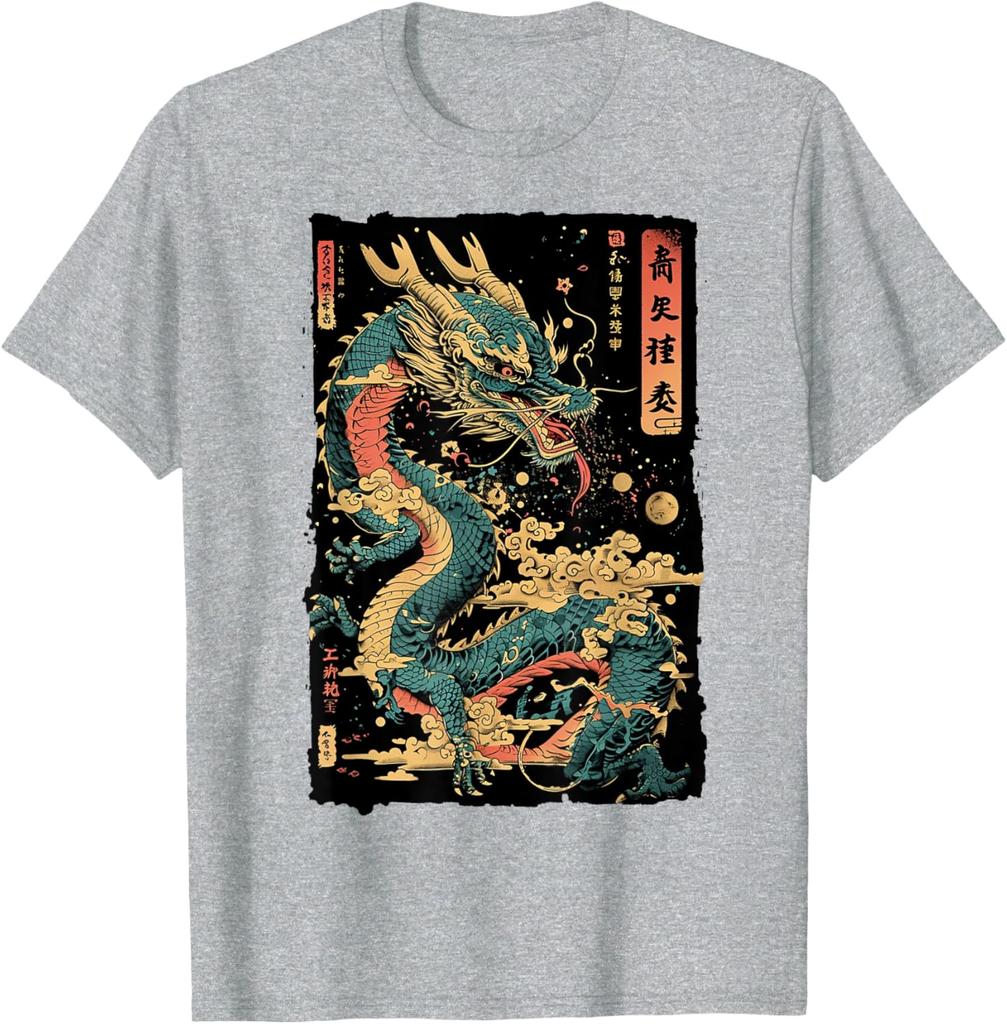 Japanese Dragon Graphic Tee Mens Casual Cotton Print Short Sleeve Crew Neck TShirt