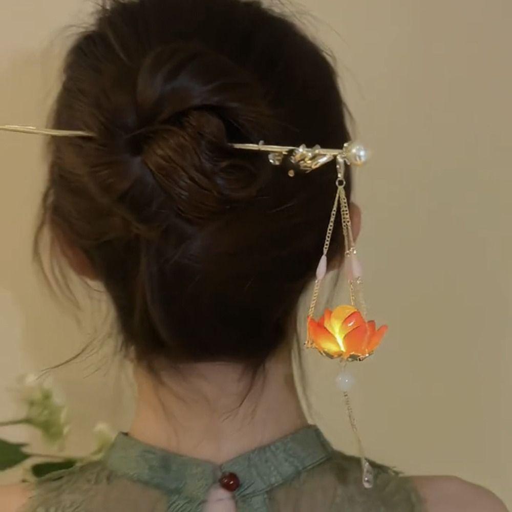Lotus LED Light Hair Fork Pearl Luminous Lotus Hairpin Retro Lantern Hair Stick  Girls