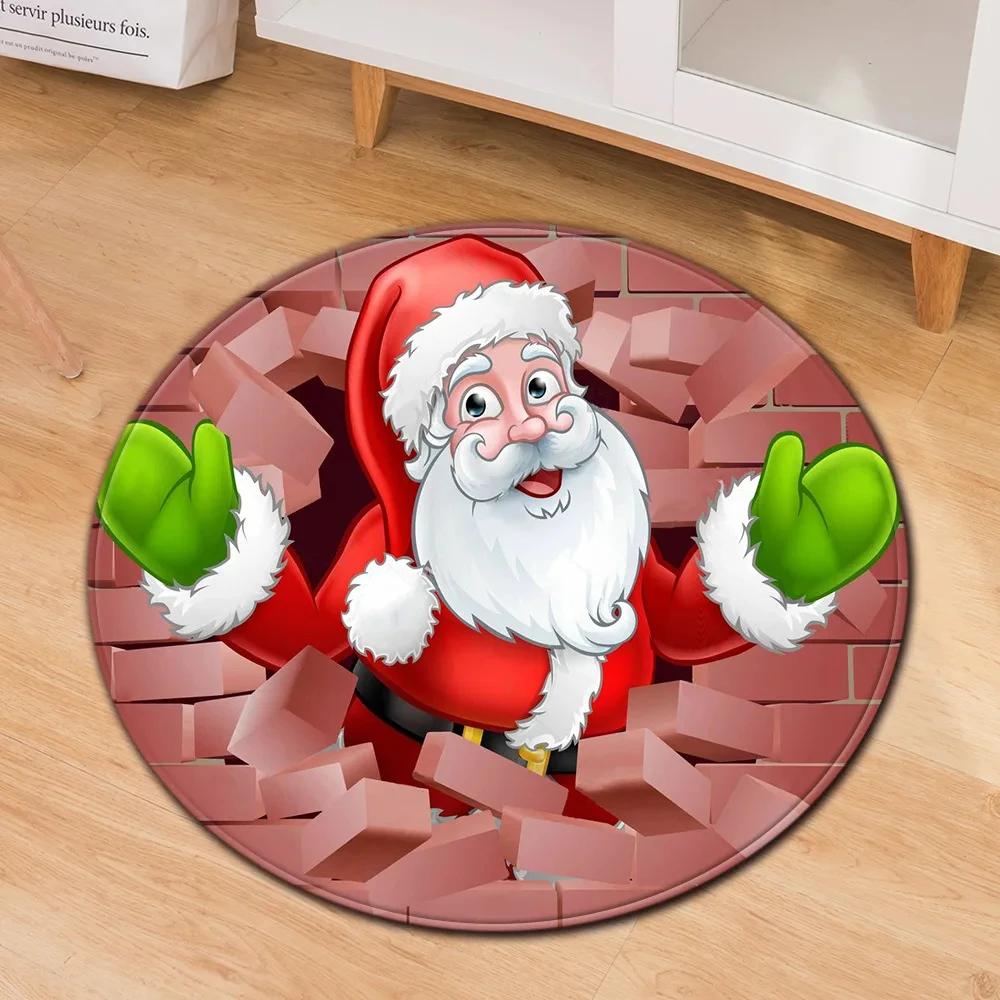 Santa Claus Round Carpet Christmas Theme Rug for Kids Teen New Year's Gift Living Room Bedroom Decor Anti-Slip Circle Floor Mat
