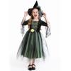 Green Witch Costume Dress Girls Halloween Party Outfit Long Sleeve Tulle With Floral Spiderweb Design