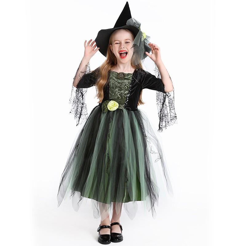 Green Witch Costume Dress Girls Halloween Party Outfit Long Sleeve Tulle With Floral Spiderweb Design