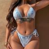 Costume da bagno da donna con stampa in denim, con scollo a V, sexy, a vita alta, con lacci laterali, bikini da spiaggia