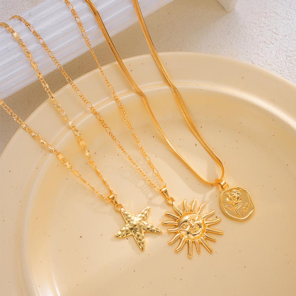 3 Pcs Fashion Sun Starfish Pendant Neckalce Set for Women Bohemia Beach Simple Roseflower Copper Metal Choker Necklace Jewelry