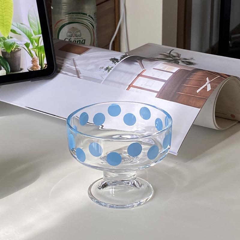 Ins Simple Blue Striped Polka Dot Tall Dessert Ice Cream Cup, Small Fresh Glass, Yogurt Pudding Cup