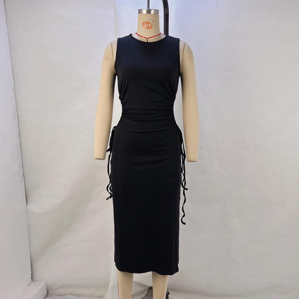 2024 Damenmode Ärmelloses Cutout Bodycon Schlitzkleid mit Kordelzug in der Taille