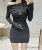 Coco Yuka Strak Geribd Gebreide Sexy Mini Jurk met Lange Mouwen Maat & Dames Off-the-Shoulder (Grijs, M)