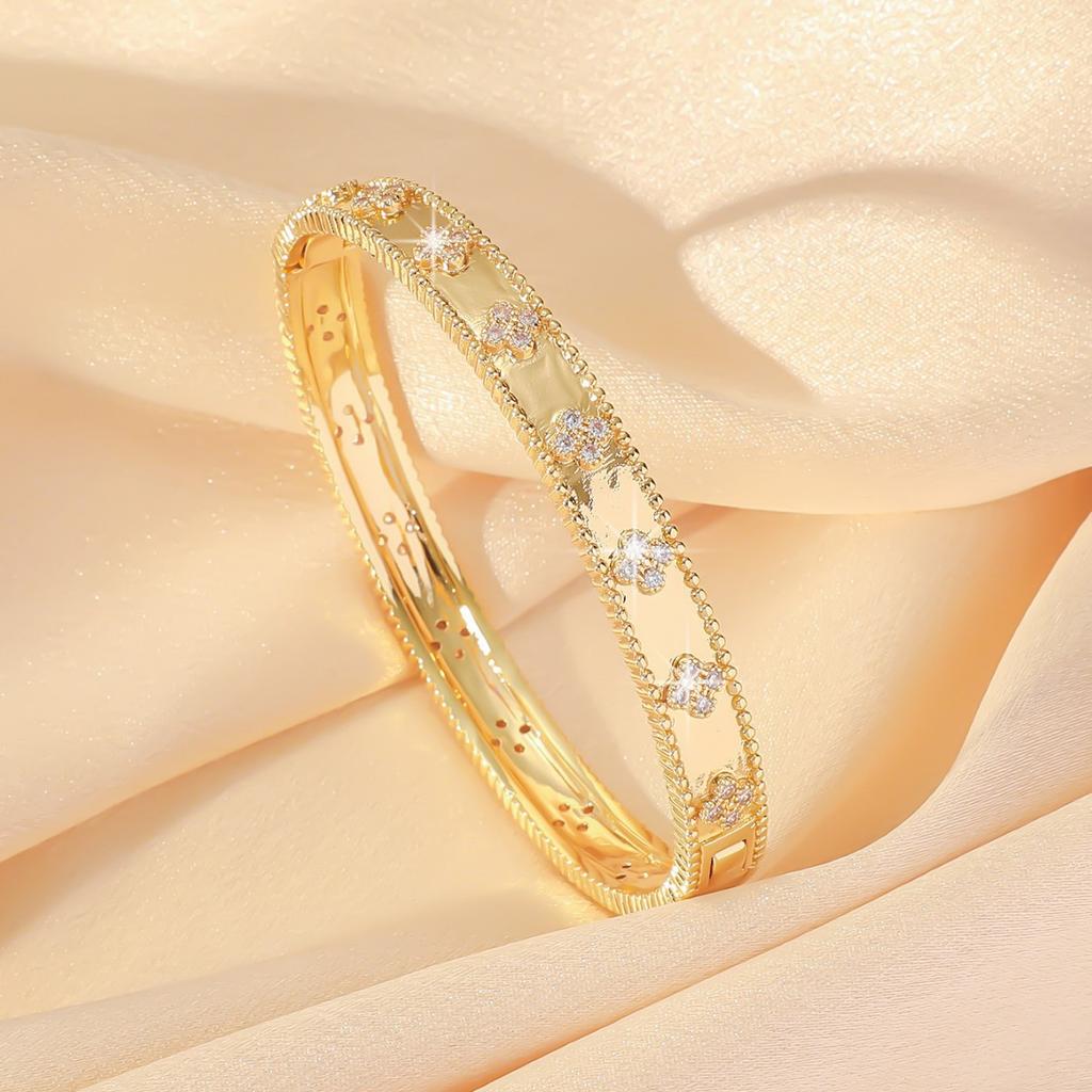 Four Leaf Clover Narrow Version Flower Tube Bracelet for Women, Thick Rose Gold Light Luxury Flower Tube Bracelet