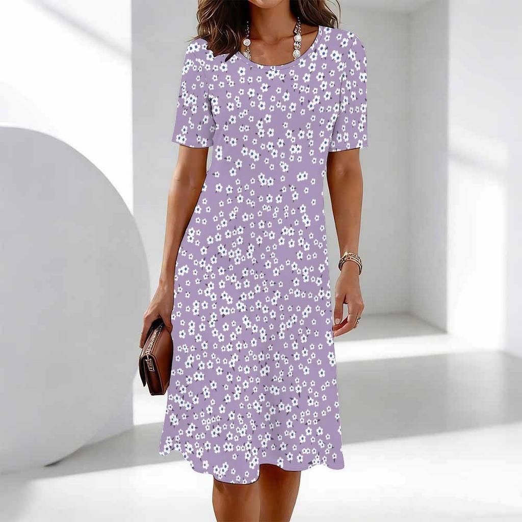 Women's Fashion Graceful Beautiful Flowers and Grass Print Summer Spring Short Sleeve O-Neck Casual Dresses