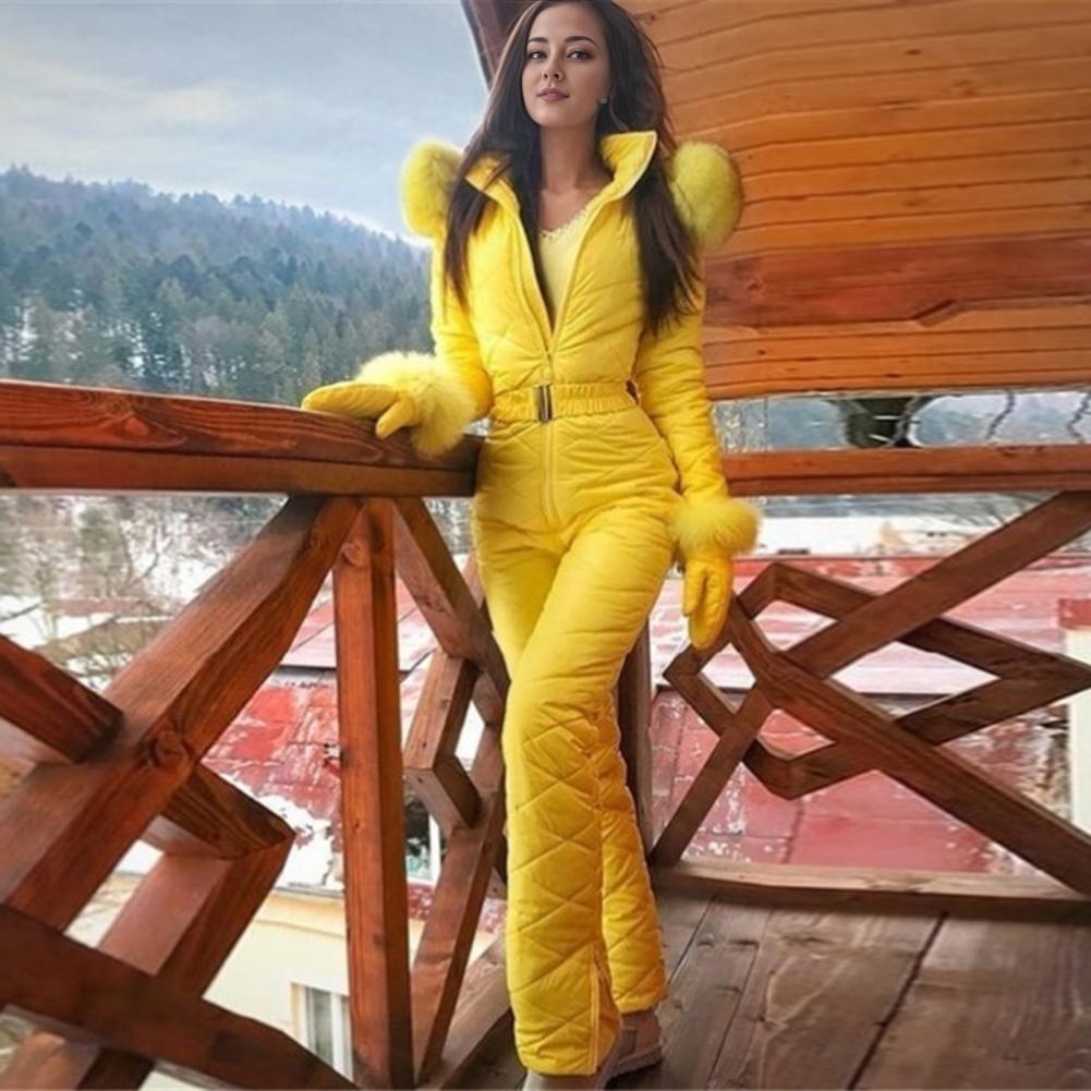 Ski Jacket Ski Jumpsuit Winter Women's Snowsuit with Gloves Hood Windproof Ski Outfit with Elastic Waist Zipper for Outdoor