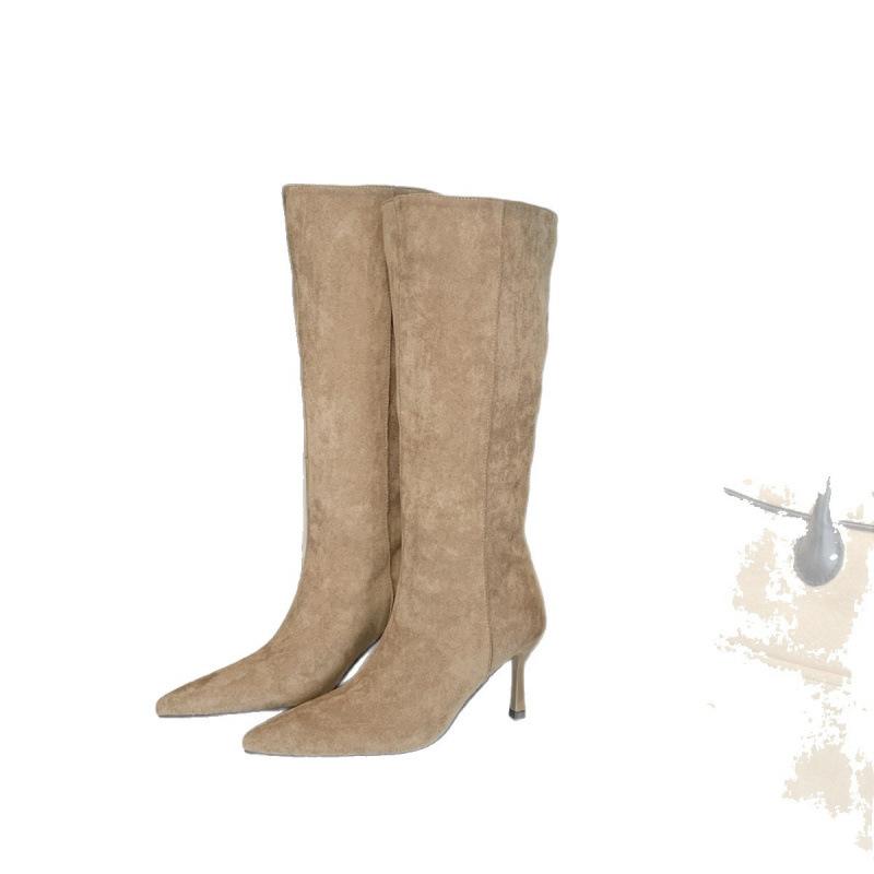 Retro pointed simple suede fashion high heel thin heel knight boots but knee boots women