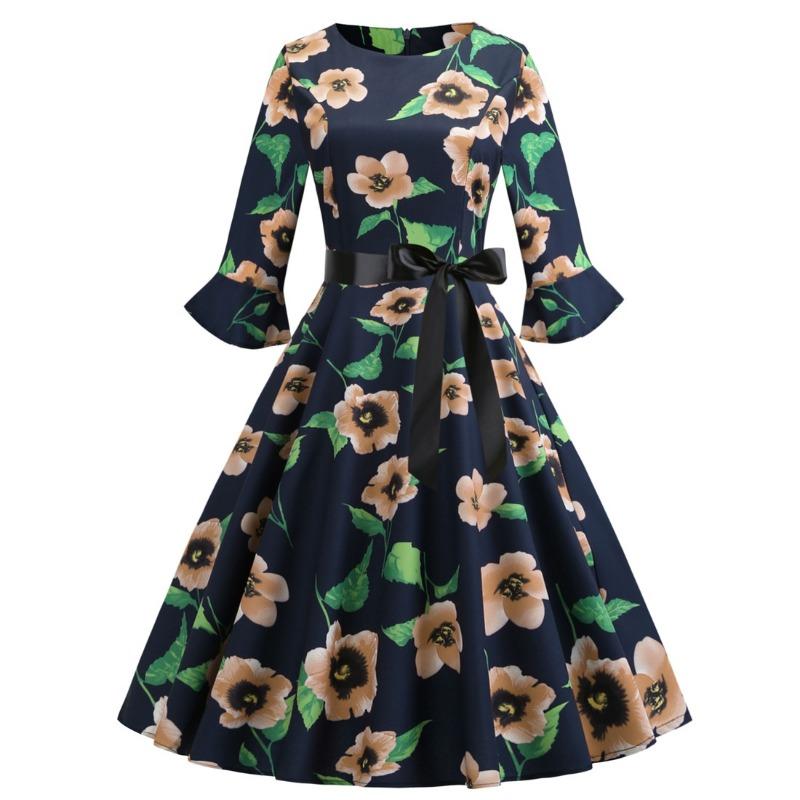

Women s large-size retro dress, winter round neck lotus leaf sleeve flower print swing dress XXL