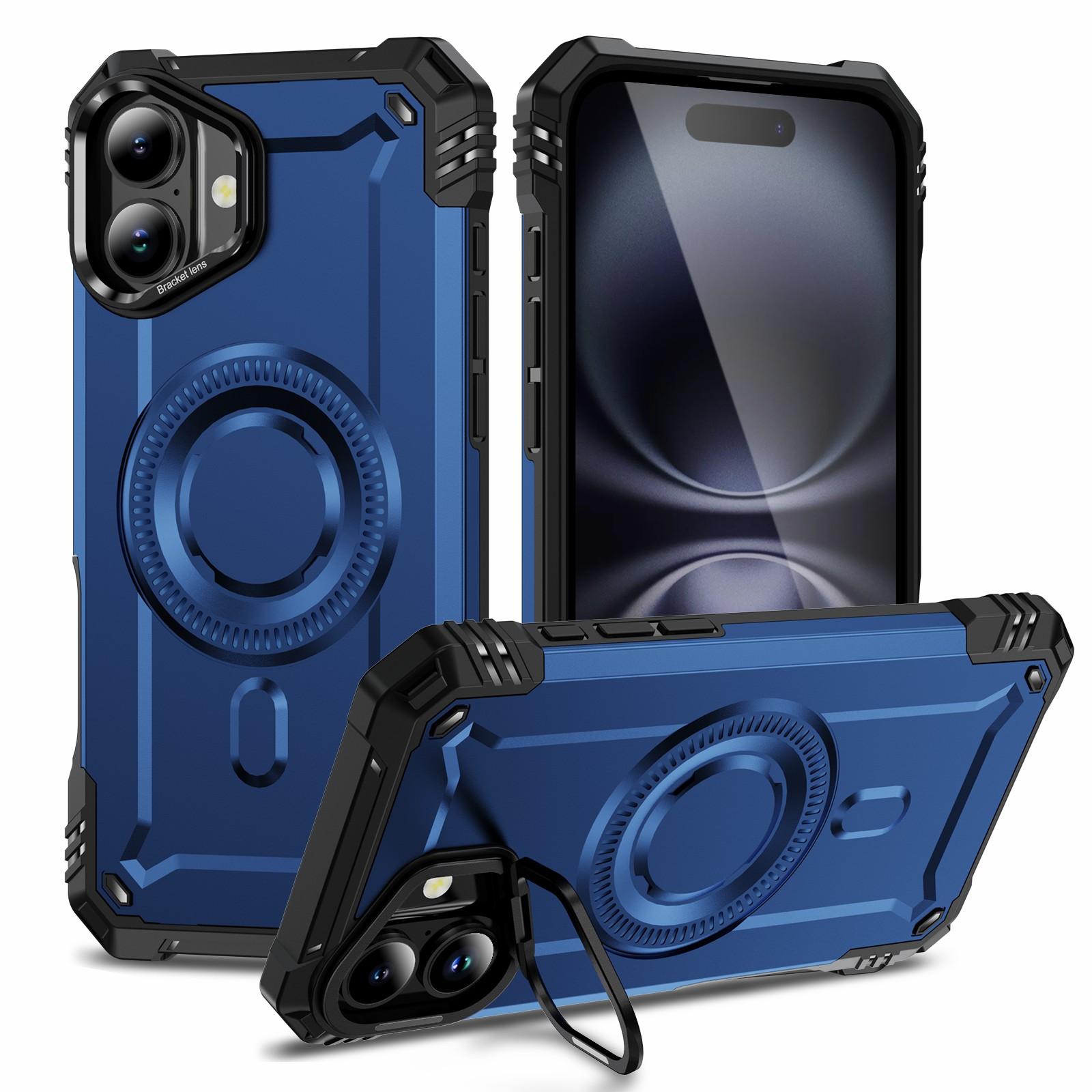 

For iPhone 16 Magnetic Case Lens Kickstand PC+TPU Shockproof Phone Cover Blue