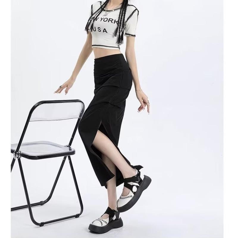 Women's Summer High Waist Retro Cargo Midi Skirt - Ruched, Quick-Dry, Bodycon Design