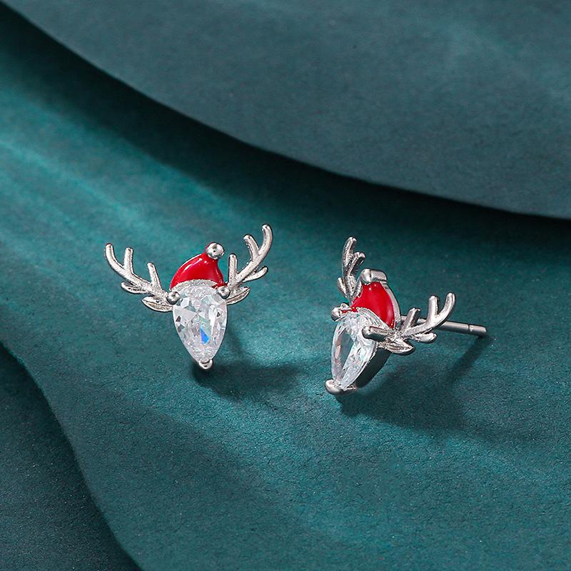 European & American Christmas-Themed Red Enamel Reindeer Santa Claus Stud Earrings for Women