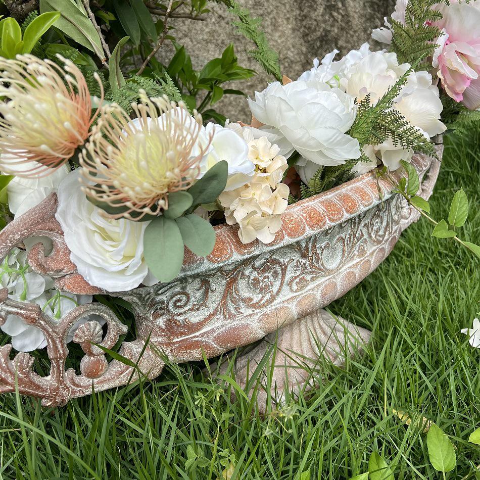 Vintage Magnesium Oxide Double-Ear Flower Pot with 3D Roman Relief for Villa Courtyard Decor