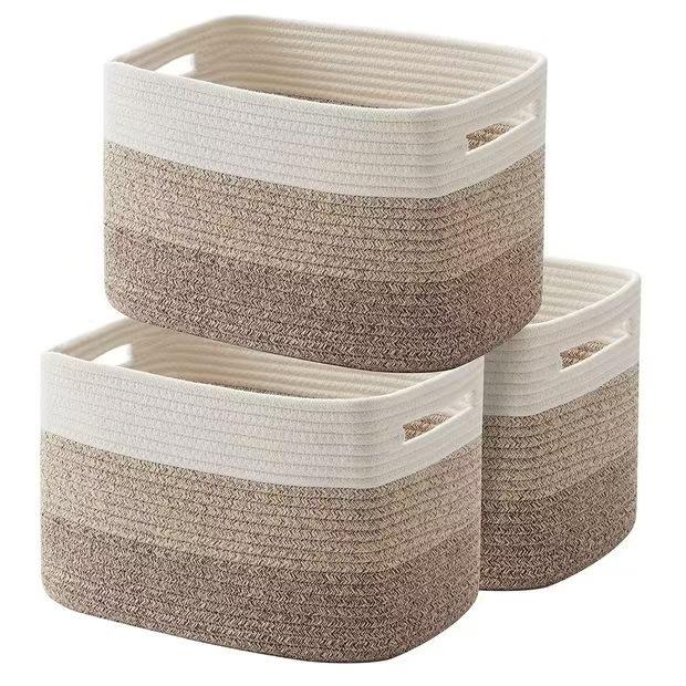 Color Block Handwoven Basket Cotton Rope Storage Bin for Laundry Books Toys Organizer коричневый