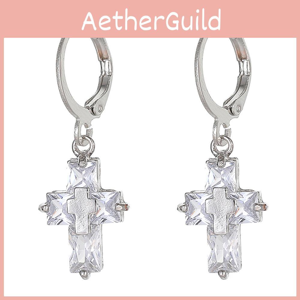 Cross Stylish Silver Earrings With Sparkling Crystals Trendy And Minimalist Design Women For