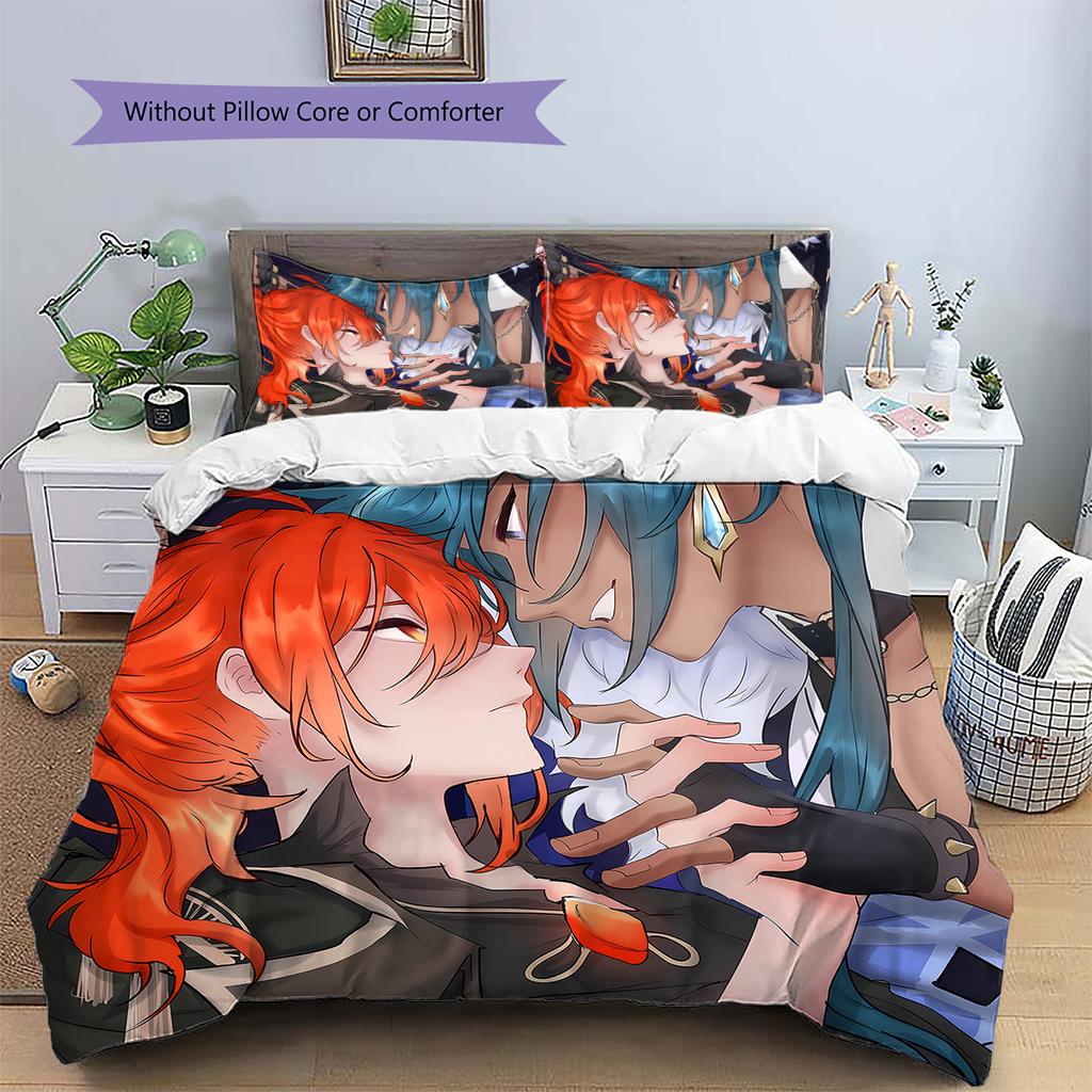 Ropa de Cama con Patrón de Genshin, Juego de Colcha Funda de Colcha Funda de Almohada Regalo de Cumpleaños para el Hogar (1 * funda nórdica + 2 * fundas de almohada, sin núcleo)