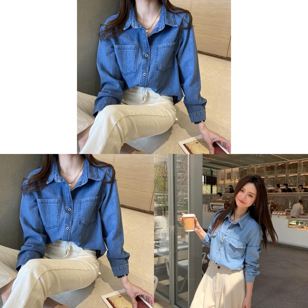 Retro Navy Denim Shirt For Women With Long Sleeves And Pockets For Casual Office Wear