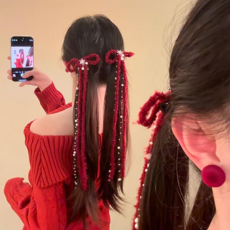 

Red Bow Hair Clip Sweet Festive Christmas & New Year Winter Snowflake Alligator Clip Hair Accessory onesize