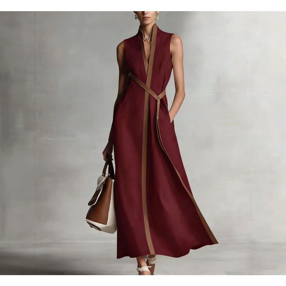 European and American summer stand-up collar sleeveless casual contrasting color loose dress