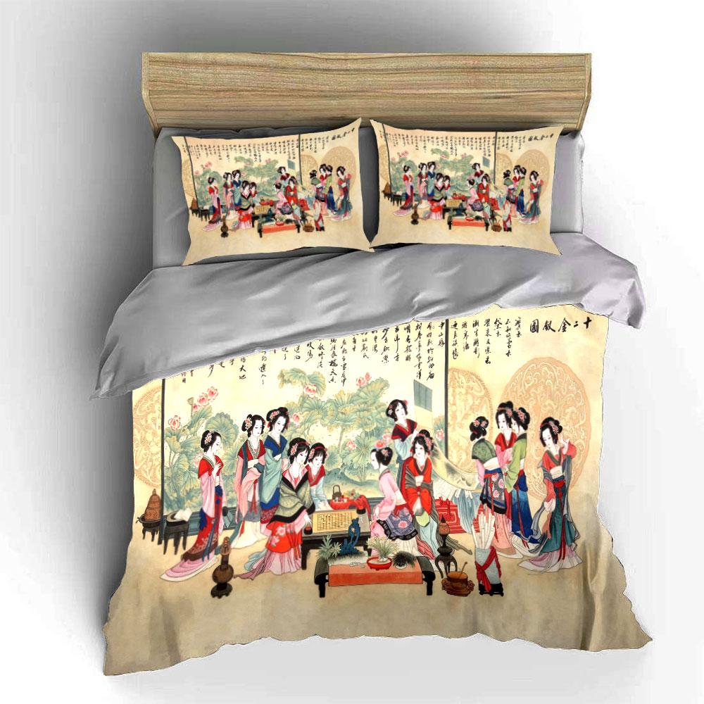 Chinese Traditional Twelve Beauties Bedding Set 3pcs,Vintage Watercolor Lady Art Duvet Cover,Elegant Cultural Bedding for Hoom