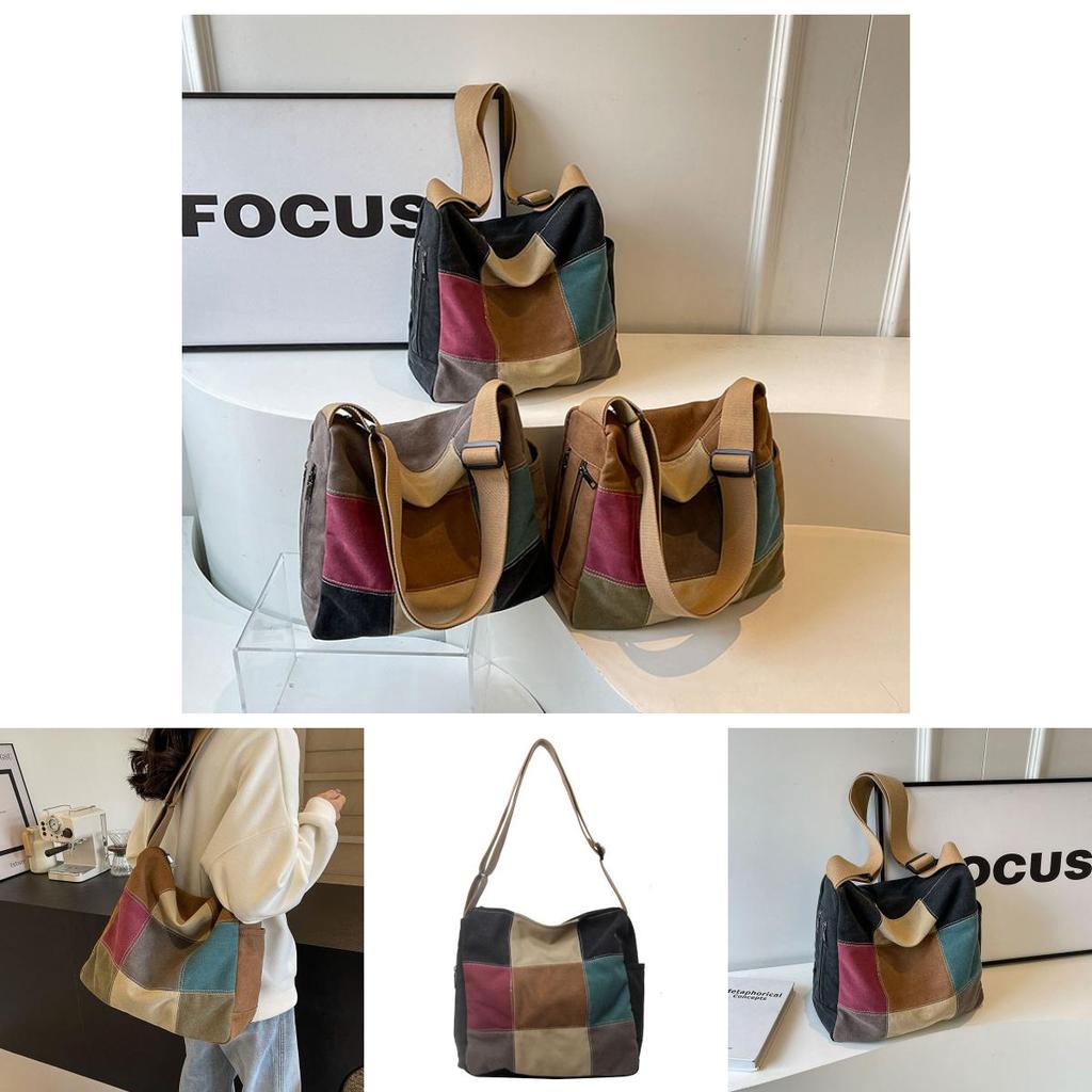 Trendy Color Stitching Canvas Tote Bag 2024 New Street Style Wide Strap Crossbody Bag