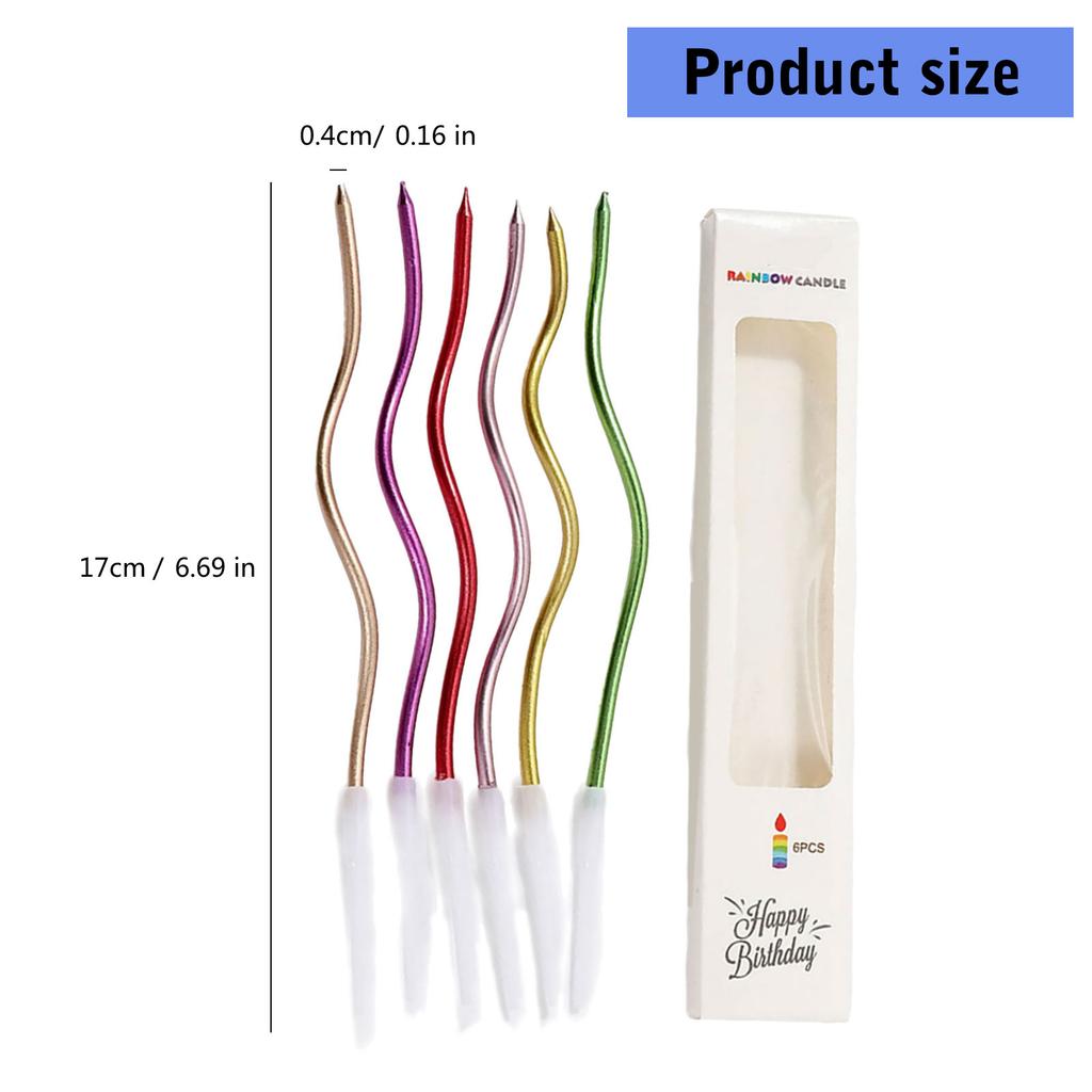 6Pcs Elegant Curved Gold Plated Colorful Cake Candles for Birthday and Baby Shower Cupcake Decorating Party Supplies