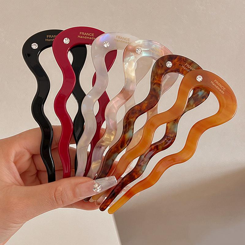 French Twist Hair Stick Hair Clip Acetate Wavy U-Shaped Hairpin Vintage Tortoise Shell Women Hair Bun Pin Headwear Accessories