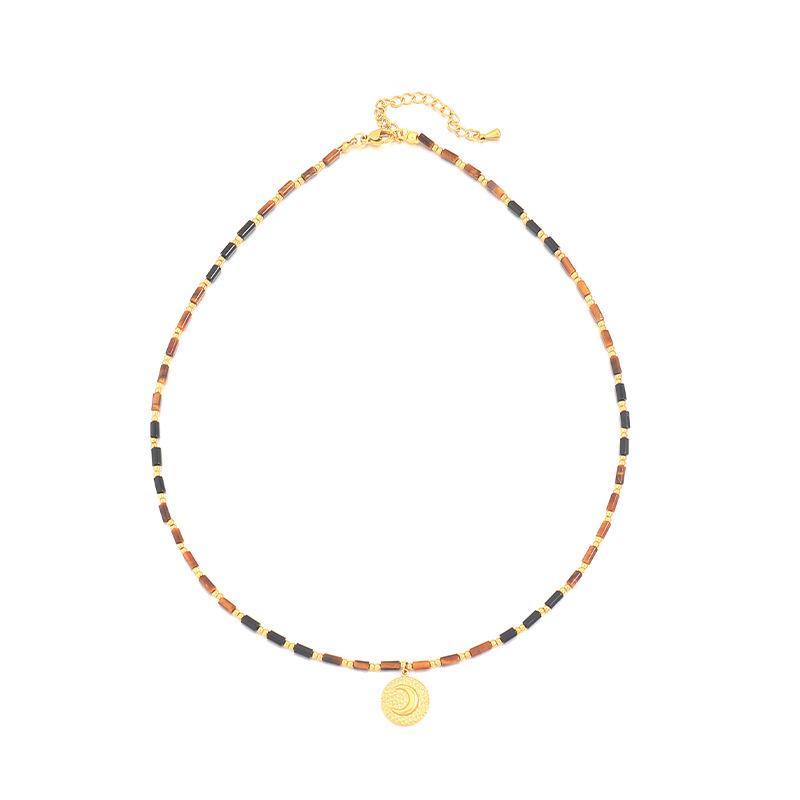 GEMCHIC Women s Tiger Eye Stone Beaded Necklace with Gold Geometric Pendant, Vacation Style Boho Choker