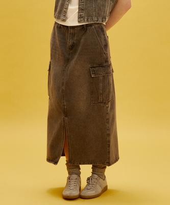 Dist Nine Cut Cargo Long Denim Skirt Grey (Lp3Kf696-072)