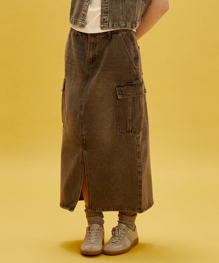 Dist Nine Cut Cargo Long Denim Skirt Grey (Lp3Kf696-072)