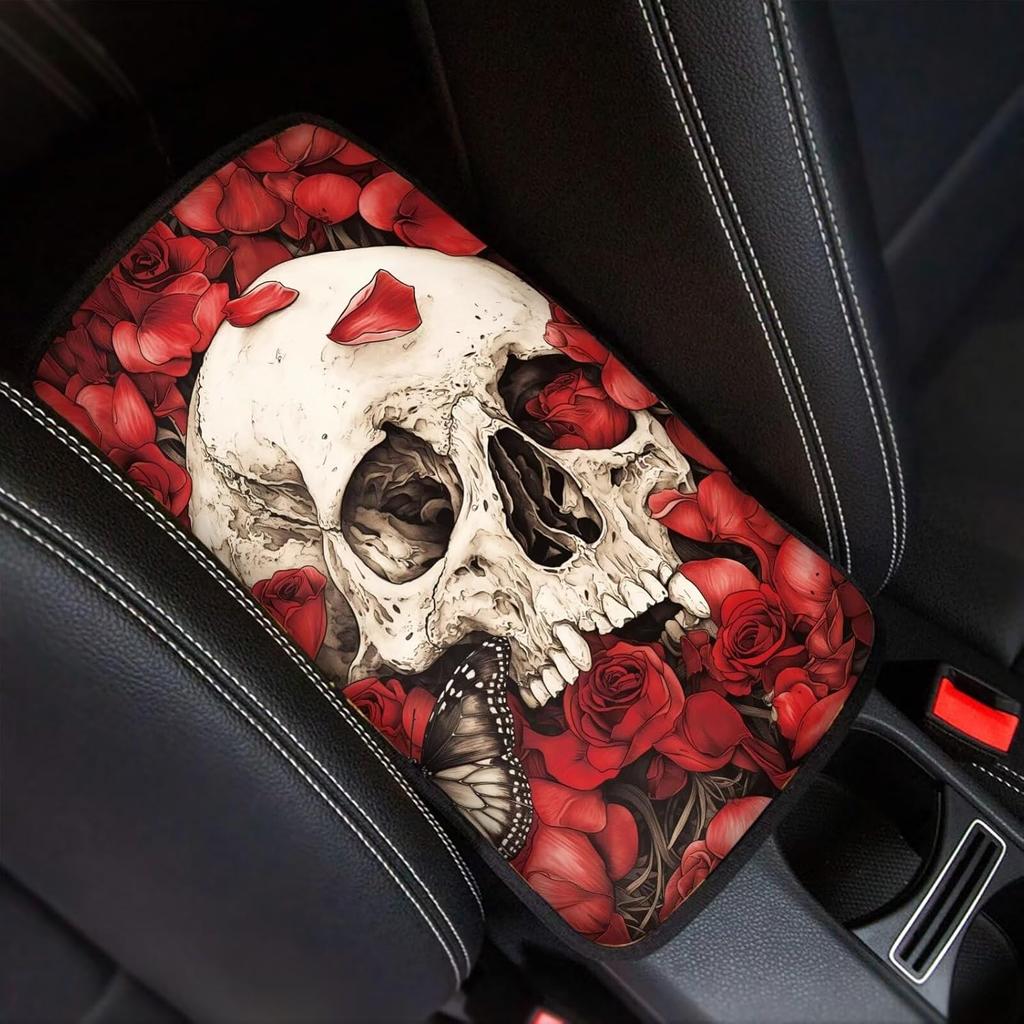Dreaweet Stylish Spider Web Printed Black Car Center Console Armrest Cushion Cover Pad Soft Car Armrest Seat Box Cover Protector Auto Car Interior