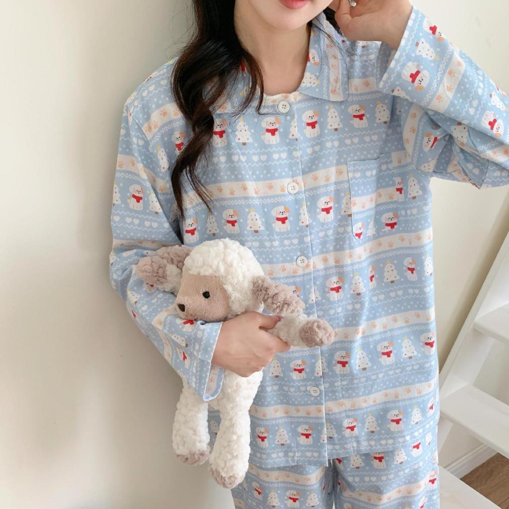 New pajamas women's pure cotton polished Internet celebrity coconut loungewear simple and cute lapel long-sleeved trousers set