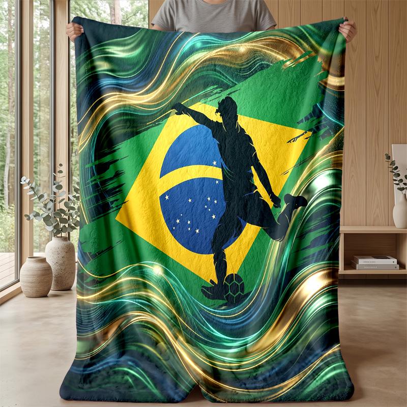 Brazil Football Printed Flannel Blanket Skin Friendly Warm Decorative Throw for Indoor Couch Bed Daily Use